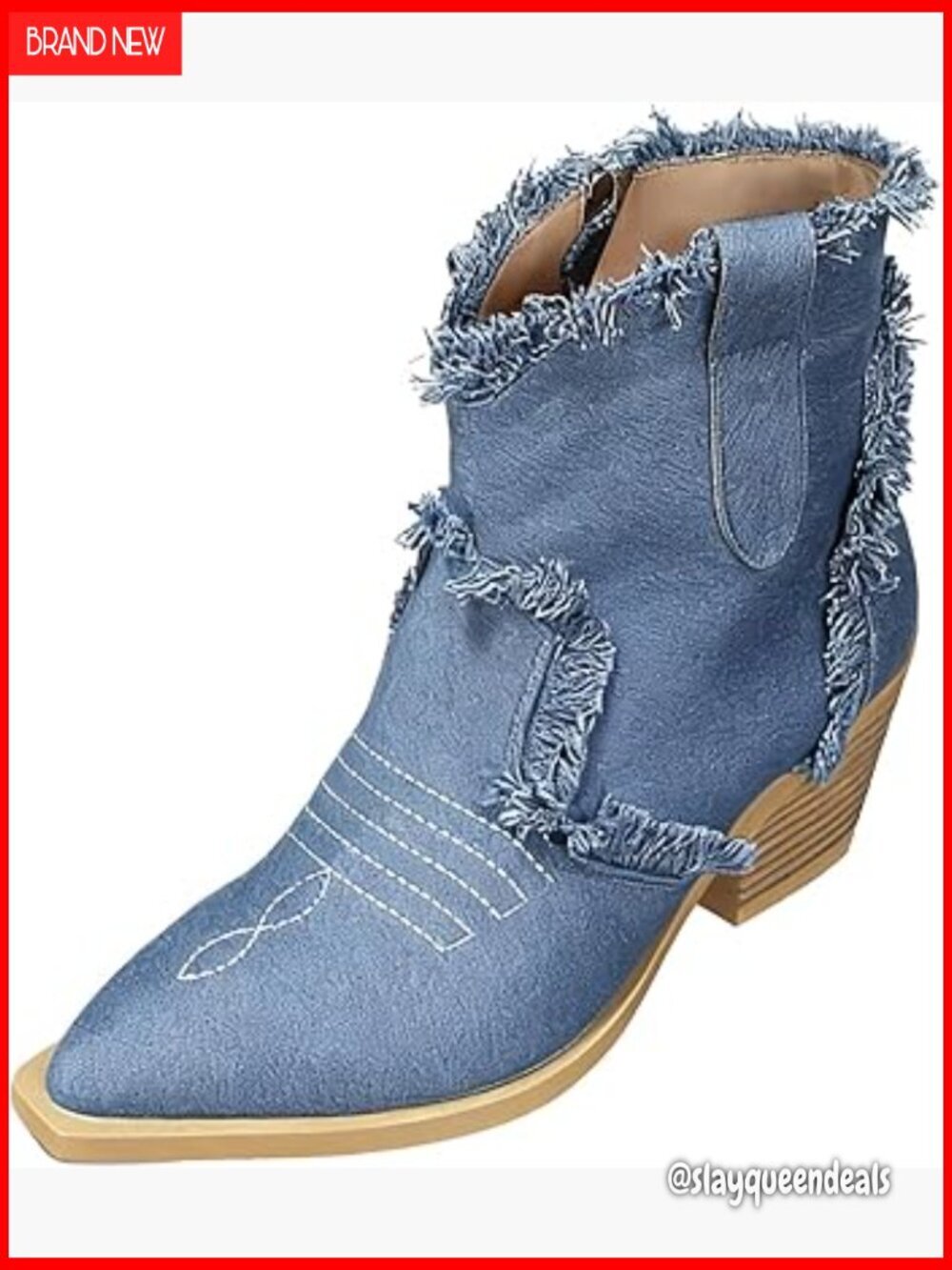 Denim Embroidery Western Ankle Boots with Side Zipper Chunky Heel